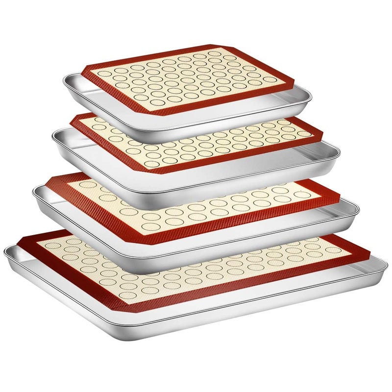Yododo Baking Sheet with Silicone Mat Set, Set of 8 (4 Sheets + 4 Mats), Stainless Steel Cookie Sheet Baking Pans with Reusable Silicone Baking Mat, Non Toxic & Heavy Duty & Easy Clean - Image 1